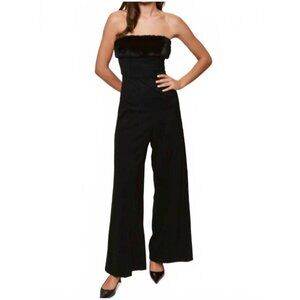Anthropologie Hutch Faux Fur Trim Strapless Black Jumpsuit Size 14 Wide-Leg
